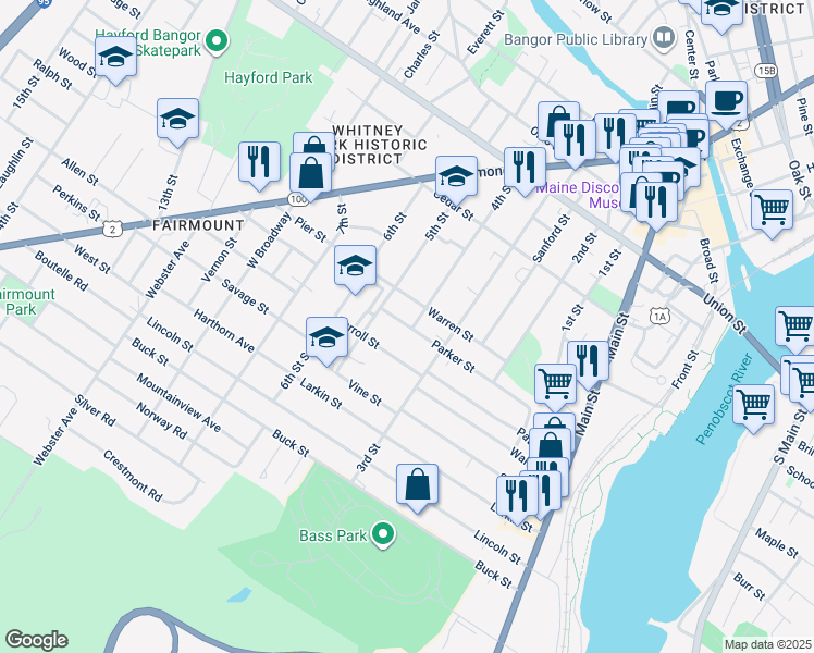 map of restaurants, bars, coffee shops, grocery stores, and more near 124 5th Street in Bangor