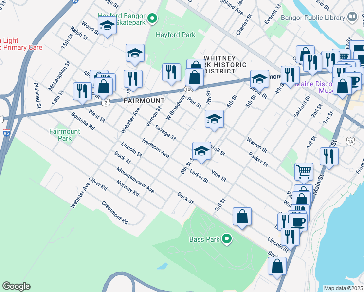 map of restaurants, bars, coffee shops, grocery stores, and more near 107 7th Street in Bangor