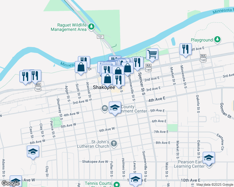 map of restaurants, bars, coffee shops, grocery stores, and more near 205 Lewis Street South in Shakopee