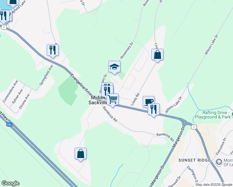 map of restaurants, bars, coffee shops, grocery stores, and more near 20 Hamilton Drive in Middle Sackville