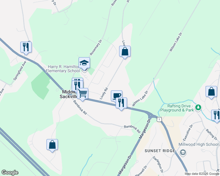 map of restaurants, bars, coffee shops, grocery stores, and more near 29 Lively Road in Middle Sackville