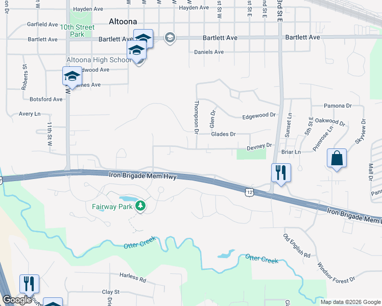 map of restaurants, bars, coffee shops, grocery stores, and more near 1219 Thompson Drive in Altoona