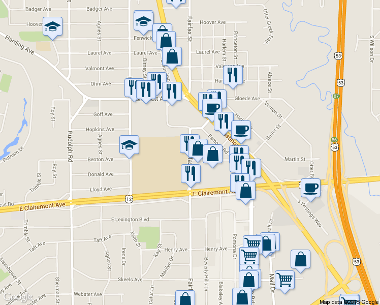 map of restaurants, bars, coffee shops, grocery stores, and more near 2015 Fairfax Street in Eau Claire