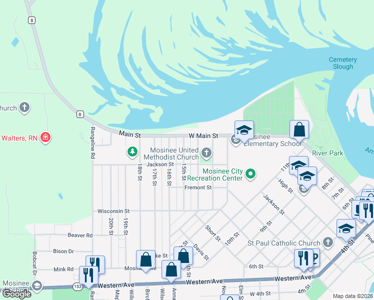 map of restaurants, bars, coffee shops, grocery stores, and more near 602 15th Street in Mosinee