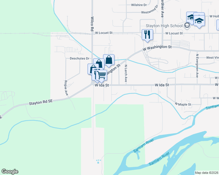 map of restaurants, bars, coffee shops, grocery stores, and more near 1745 West Ida Street in Stayton