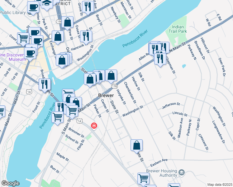 map of restaurants, bars, coffee shops, grocery stores, and more near 20 Holyoke Street in Brewer