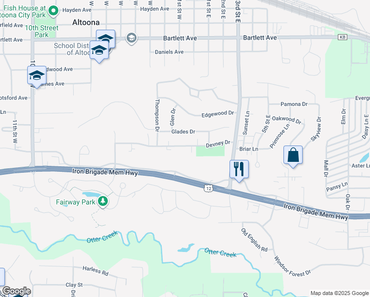 map of restaurants, bars, coffee shops, grocery stores, and more near 1403 Glades Drive in Altoona