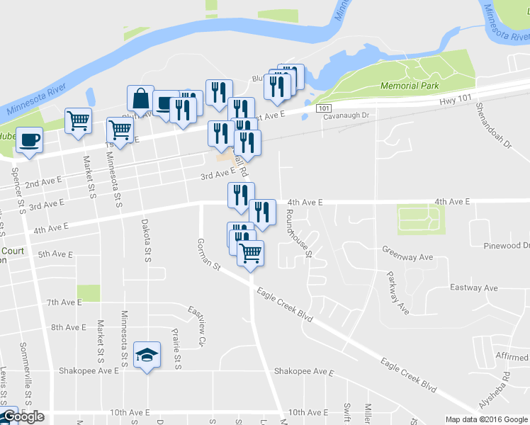 map of restaurants, bars, coffee shops, grocery stores, and more near 1403 4th Avenue East in Shakopee