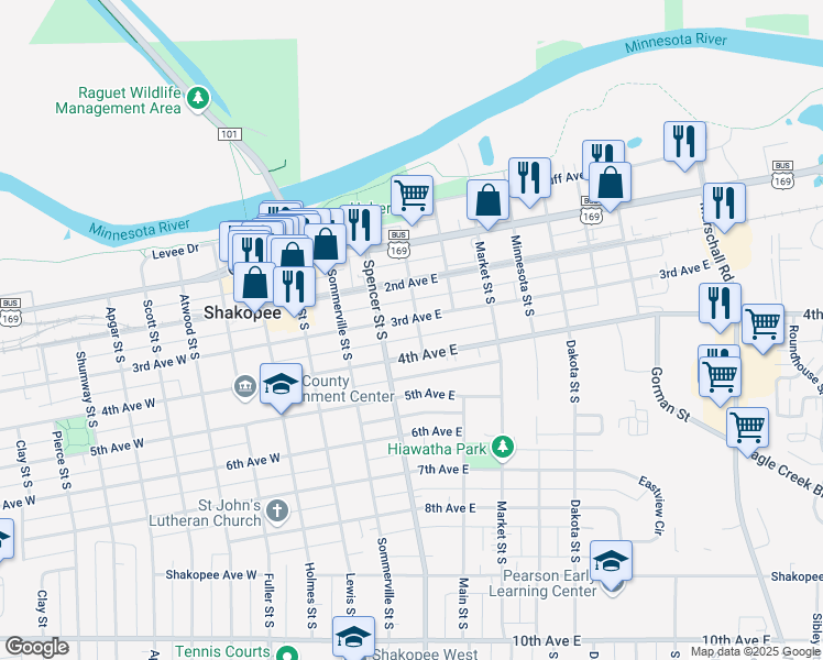 map of restaurants, bars, coffee shops, grocery stores, and more near 503 3rd Avenue East in Shakopee