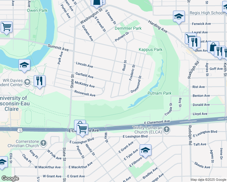 map of restaurants, bars, coffee shops, grocery stores, and more near 483 Garfield Avenue in Eau Claire