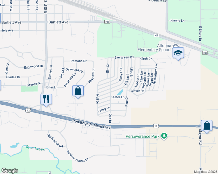 map of restaurants, bars, coffee shops, grocery stores, and more near 76 Daisy Lane West in Altoona