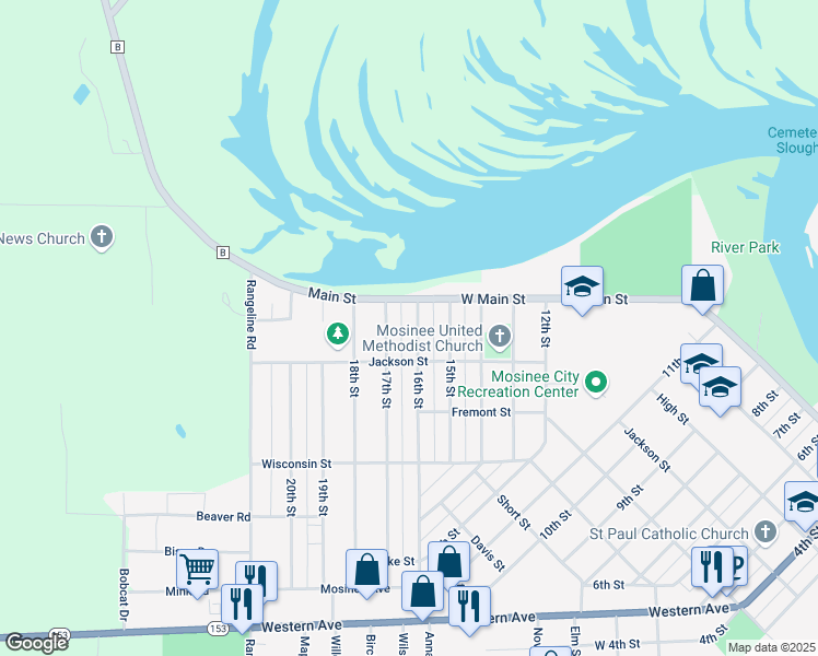 map of restaurants, bars, coffee shops, grocery stores, and more near 601 16th Street in Mosinee