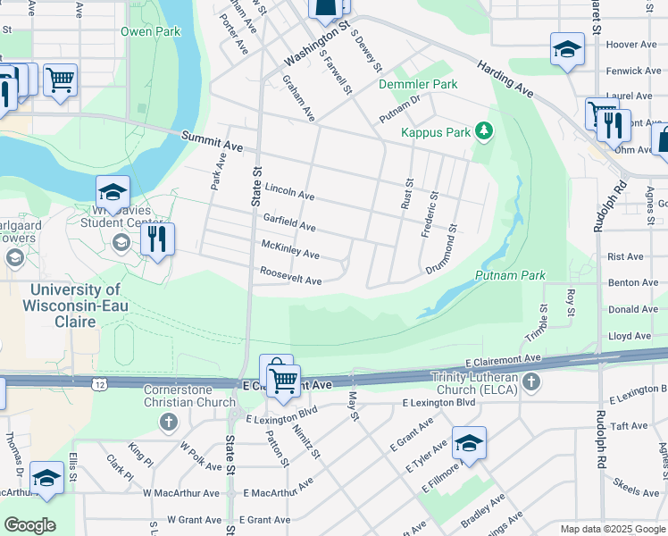 map of restaurants, bars, coffee shops, grocery stores, and more near 447 McKinley Avenue in Eau Claire