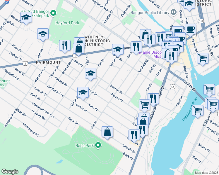map of restaurants, bars, coffee shops, grocery stores, and more near 120 4th Street in Bangor