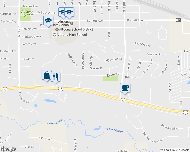 map of restaurants, bars, coffee shops, grocery stores, and more near 1429 Devney Drive in Altoona
