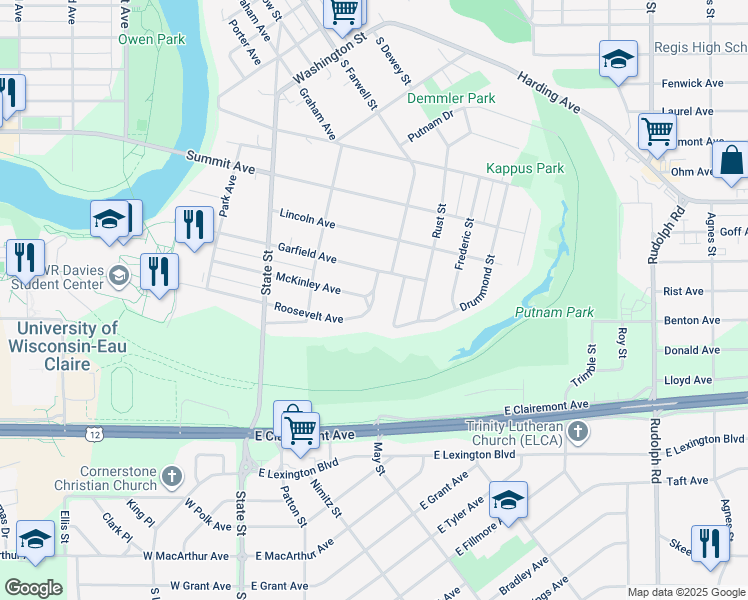 map of restaurants, bars, coffee shops, grocery stores, and more near 455 Roosevelt Avenue in Eau Claire