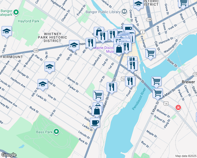map of restaurants, bars, coffee shops, grocery stores, and more near 64 2nd Street in Bangor