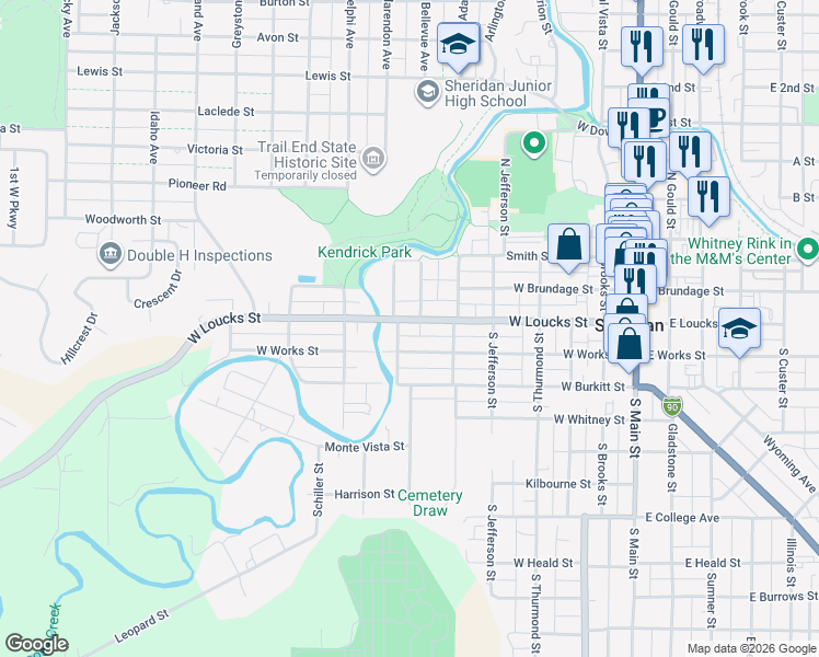 map of restaurants, bars, coffee shops, grocery stores, and more near 625 West Loucks Street in Sheridan
