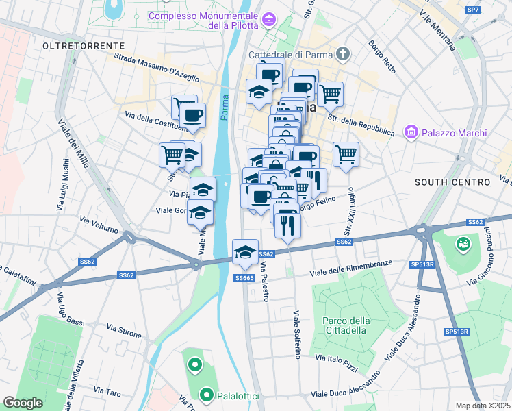 map of restaurants, bars, coffee shops, grocery stores, and more near 5 Borgo Salnitrara in Parma