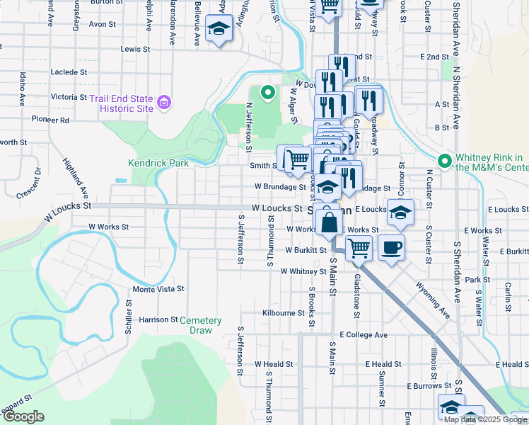 map of restaurants, bars, coffee shops, grocery stores, and more near 339 West Loucks Street in Sheridan
