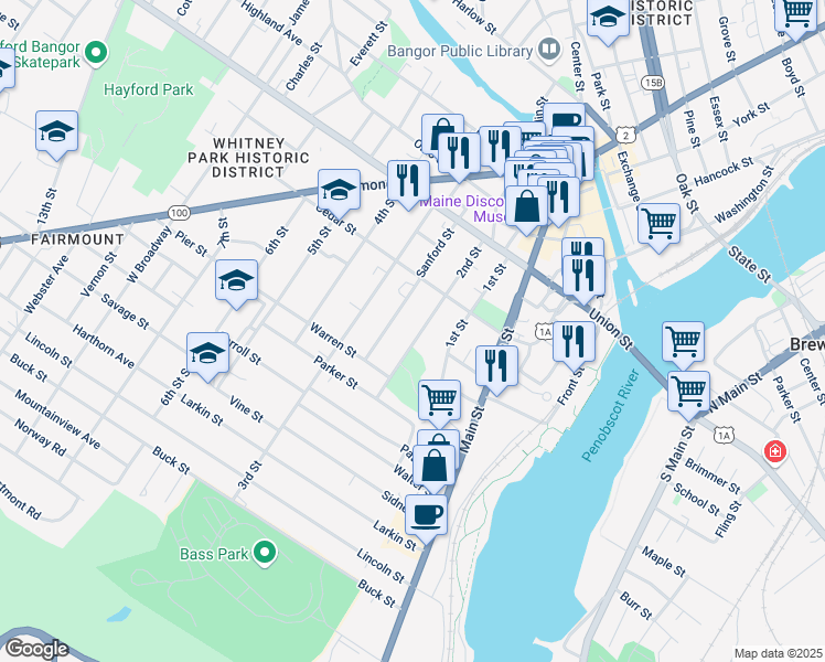 map of restaurants, bars, coffee shops, grocery stores, and more near 64 2nd Street in Bangor