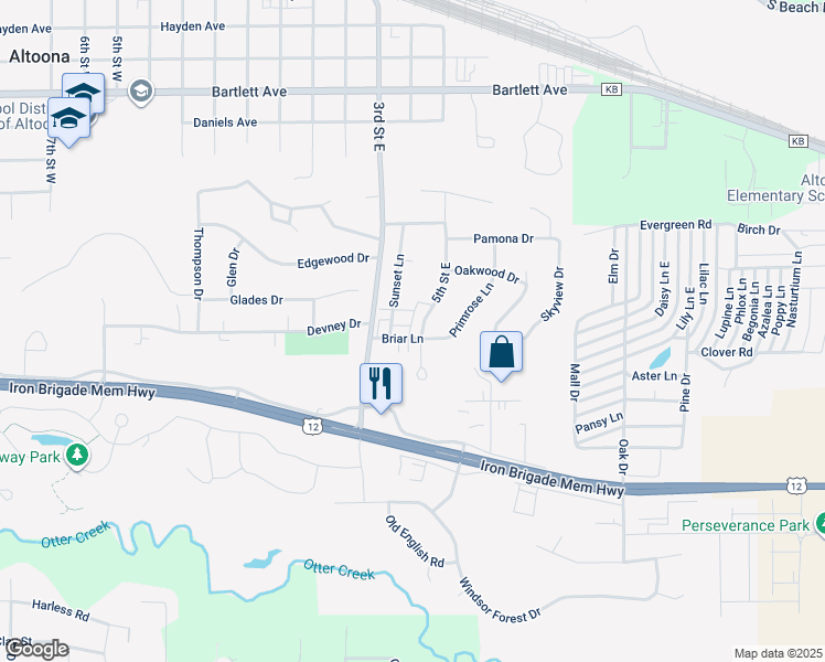 map of restaurants, bars, coffee shops, grocery stores, and more near 1143 5th Street East in Altoona