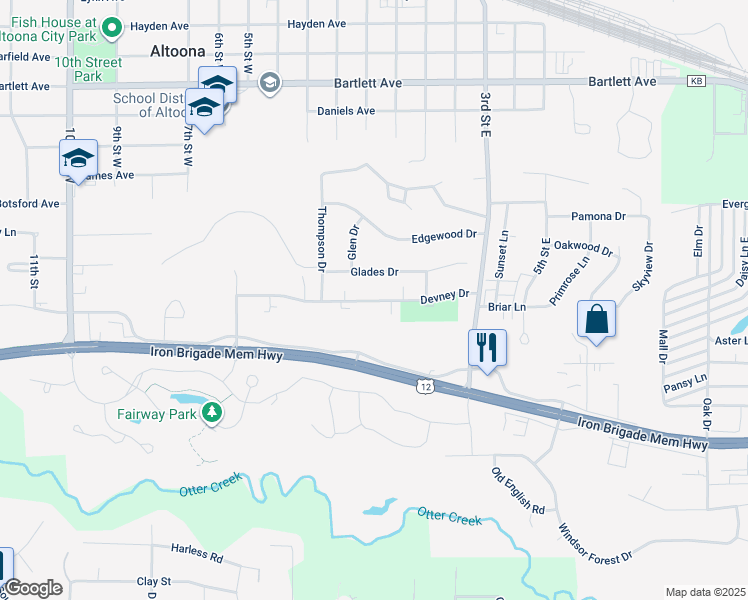 map of restaurants, bars, coffee shops, grocery stores, and more near 1511 Glades Drive in Altoona