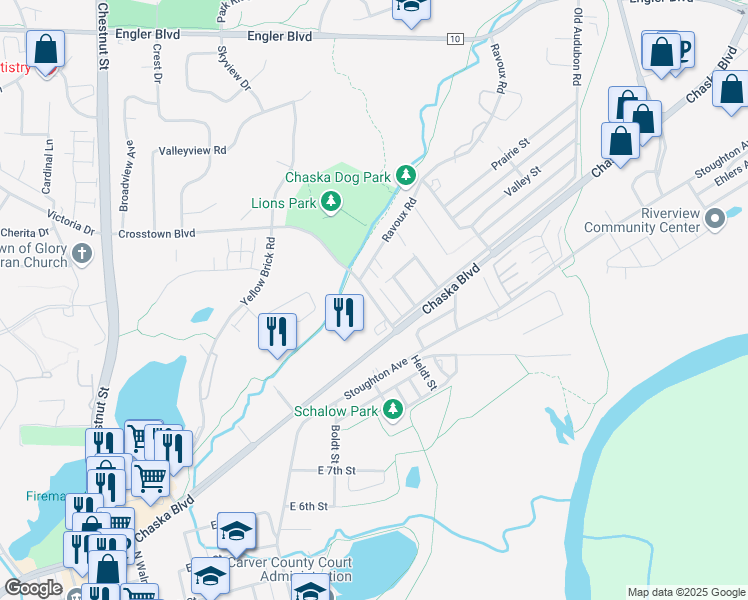 map of restaurants, bars, coffee shops, grocery stores, and more near 1221 Vincent Place in Chaska