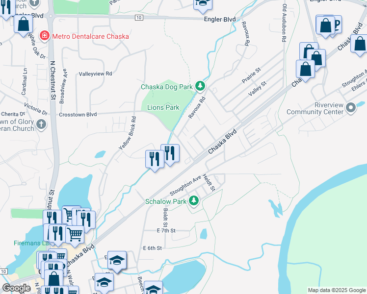 map of restaurants, bars, coffee shops, grocery stores, and more near 1131 Crosstown Boulevard in Chaska