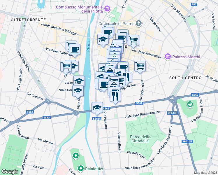 map of restaurants, bars, coffee shops, grocery stores, and more near 5 Borgo Salnitrara in Parma