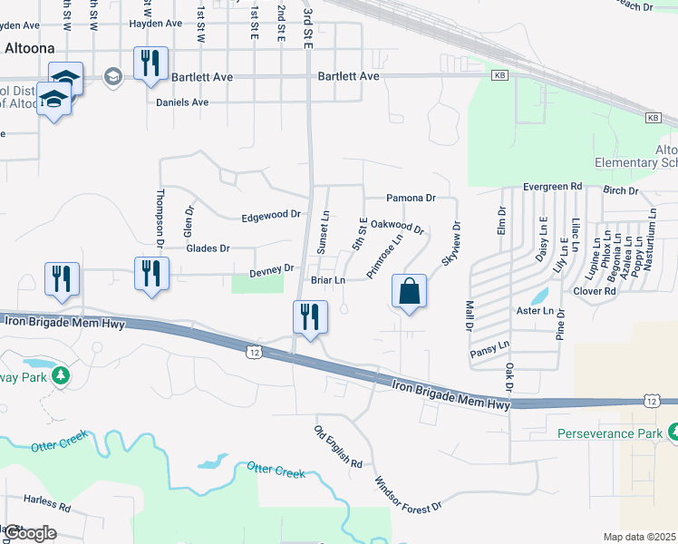 map of restaurants, bars, coffee shops, grocery stores, and more near 1152 5th Street East in Altoona
