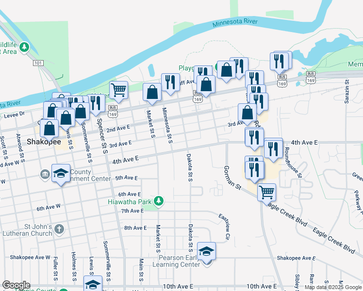 map of restaurants, bars, coffee shops, grocery stores, and more near 904 3rd Avenue East in Shakopee