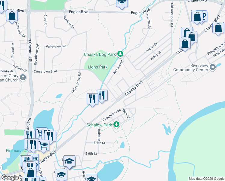 map of restaurants, bars, coffee shops, grocery stores, and more near 1200 Crosstown Boulevard in Chaska