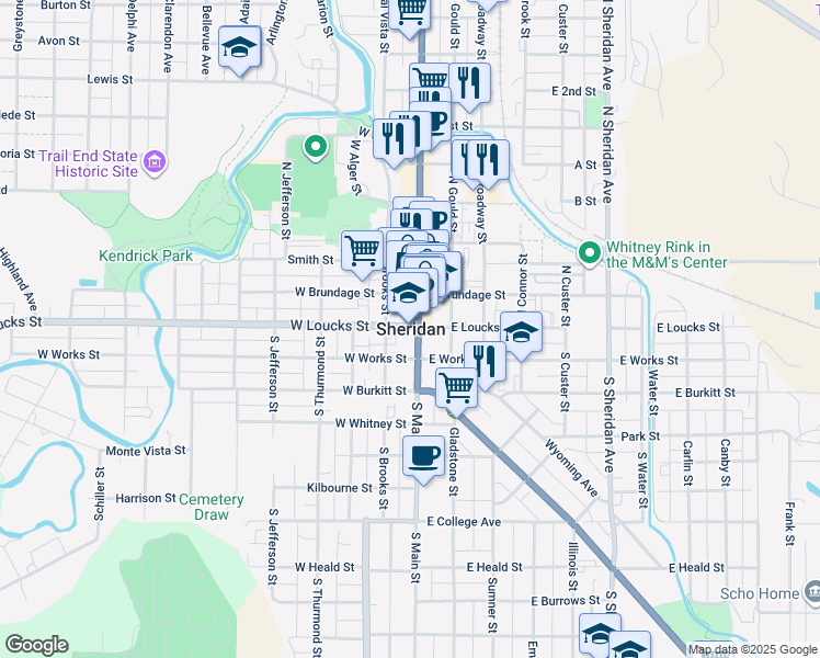 map of restaurants, bars, coffee shops, grocery stores, and more near in Sheridan