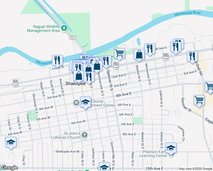 map of restaurants, bars, coffee shops, grocery stores, and more near 323 3rd Avenue East in Shakopee