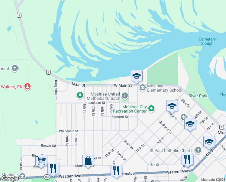 map of restaurants, bars, coffee shops, grocery stores, and more near 602 15th Street in Mosinee