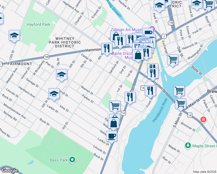 map of restaurants, bars, coffee shops, grocery stores, and more near 64 2nd Street in Bangor