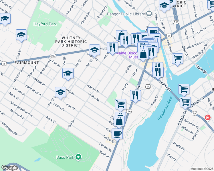 map of restaurants, bars, coffee shops, grocery stores, and more near 93 Sanford Street in Bangor