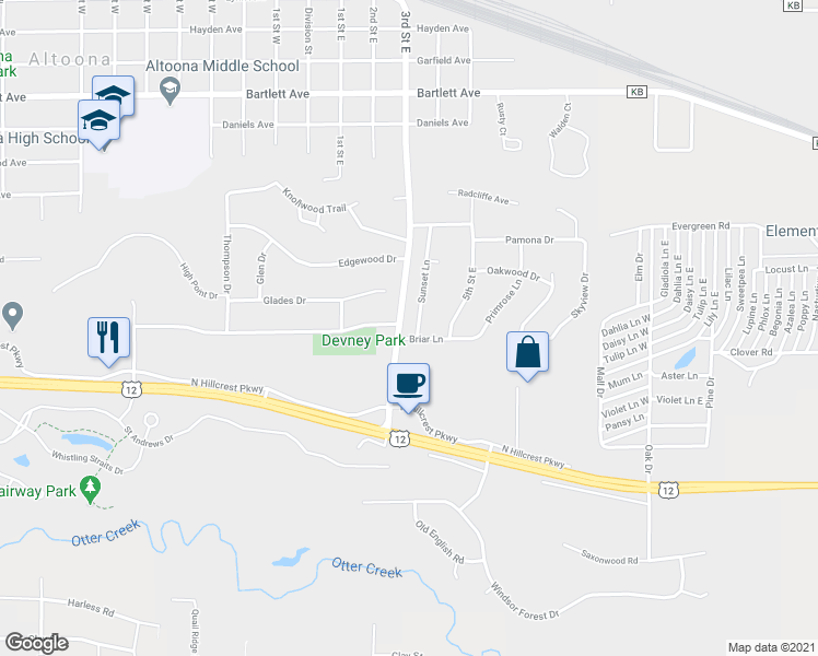 map of restaurants, bars, coffee shops, grocery stores, and more near 1135 Sunset Lane in Altoona