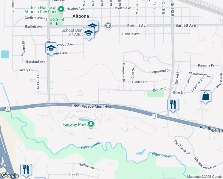 map of restaurants, bars, coffee shops, grocery stores, and more near 1704 Devney Drive in Altoona