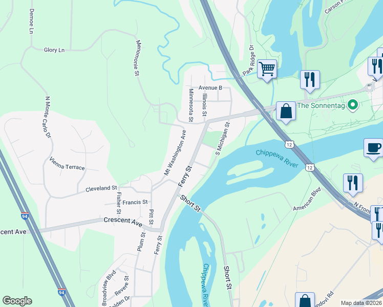 map of restaurants, bars, coffee shops, grocery stores, and more near 216 Ferry Street in Eau Claire