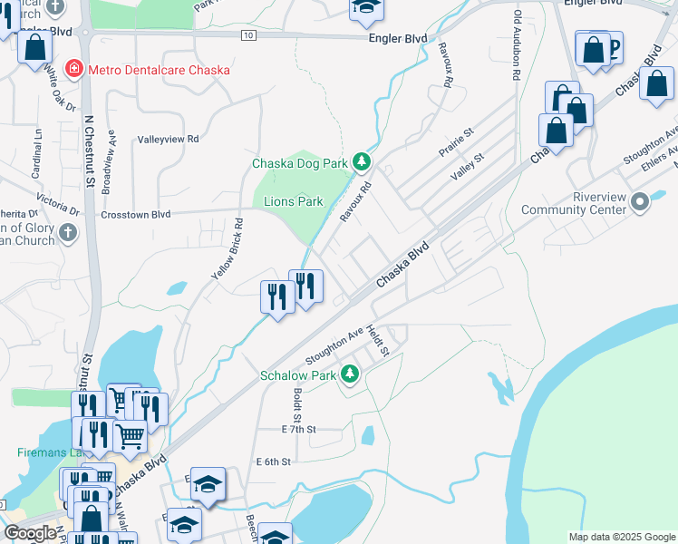 map of restaurants, bars, coffee shops, grocery stores, and more near 1221 Vincent Place in Chaska