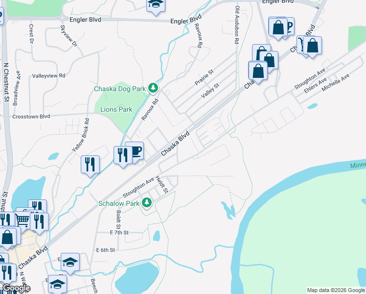 map of restaurants, bars, coffee shops, grocery stores, and more near 1055 Stoughton Avenue in Chaska