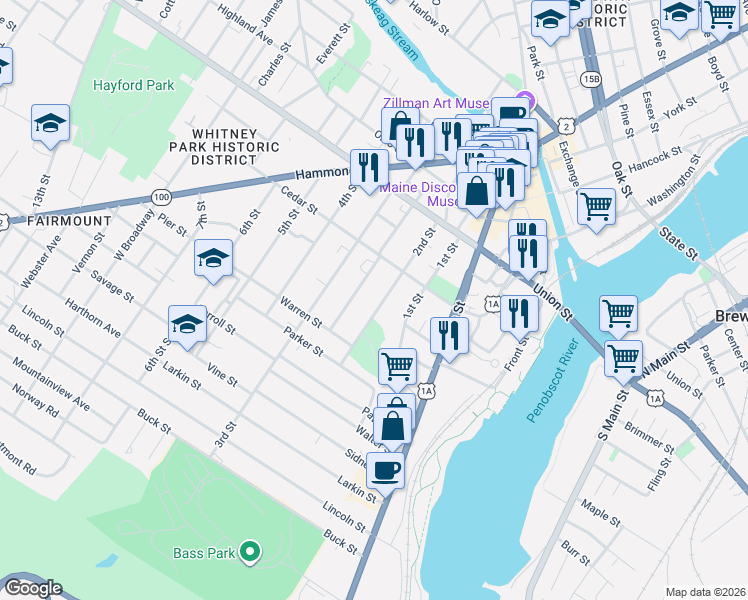 map of restaurants, bars, coffee shops, grocery stores, and more near 64 2nd Street in Bangor