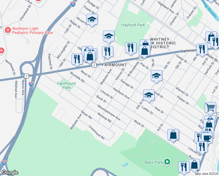 map of restaurants, bars, coffee shops, grocery stores, and more near 15 Harthorn Avenue in Bangor