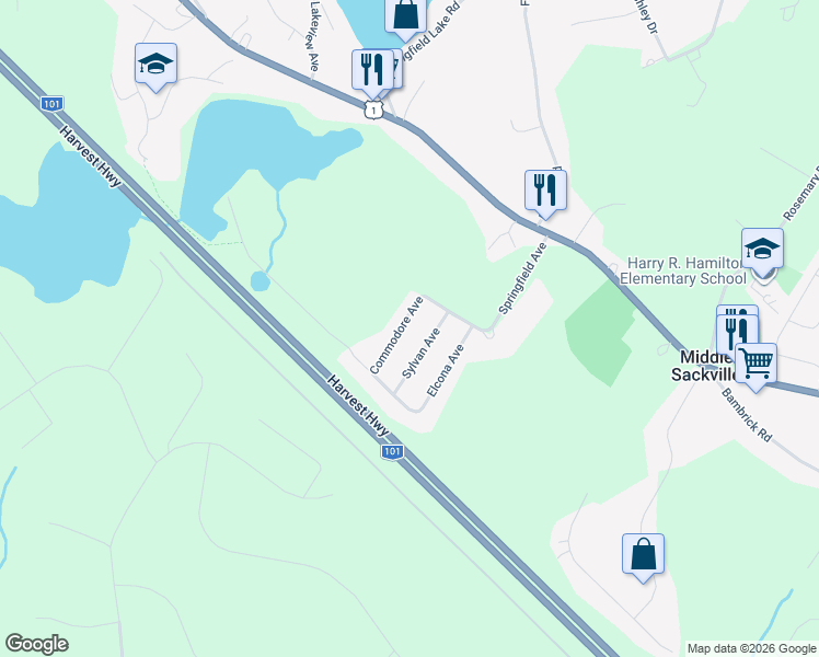 map of restaurants, bars, coffee shops, grocery stores, and more near 18 Commodore Avenue in Middle Sackville