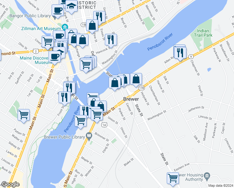 map of restaurants, bars, coffee shops, grocery stores, and more near 46 Betton Street in Brewer