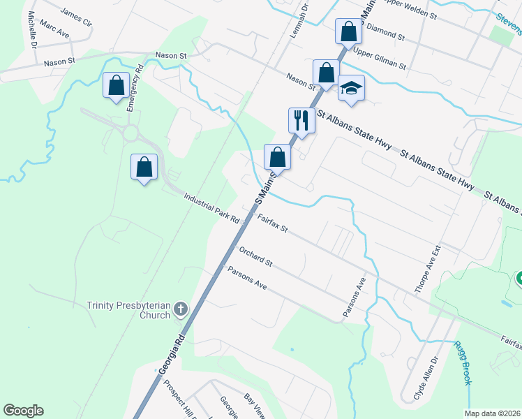 map of restaurants, bars, coffee shops, grocery stores, and more near 253 South Main Street in Saint Albans City
