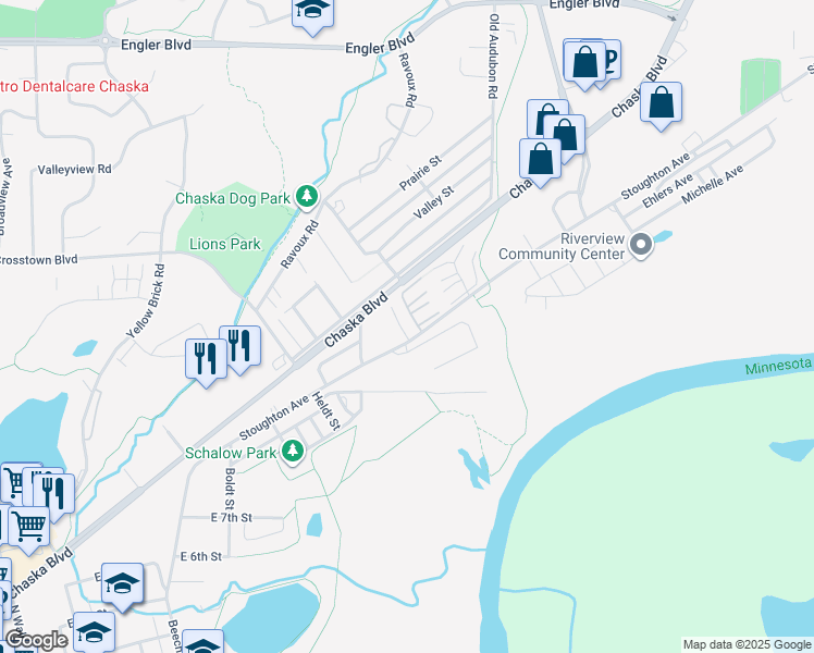 map of restaurants, bars, coffee shops, grocery stores, and more near 1105 Crystal Court in Chaska