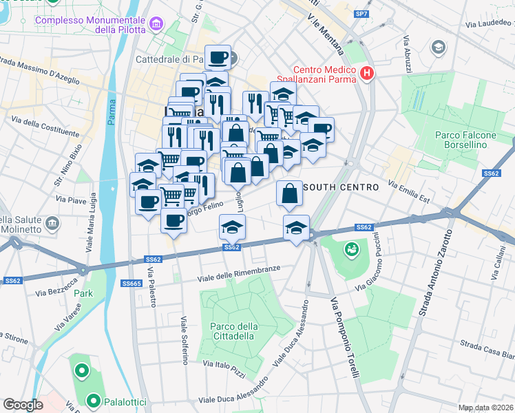 map of restaurants, bars, coffee shops, grocery stores, and more near 5a Borgo Regale in Parma